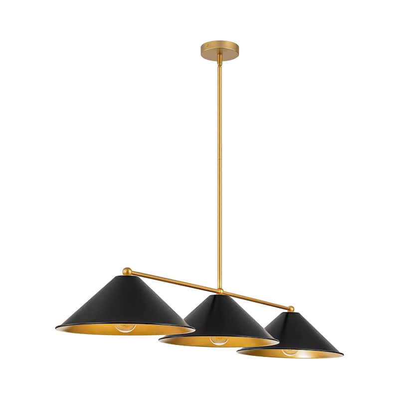 3-Light Mid-Century Modern Black/White Linear Cone Large Chandelier for Dining Room and Kitchen Island