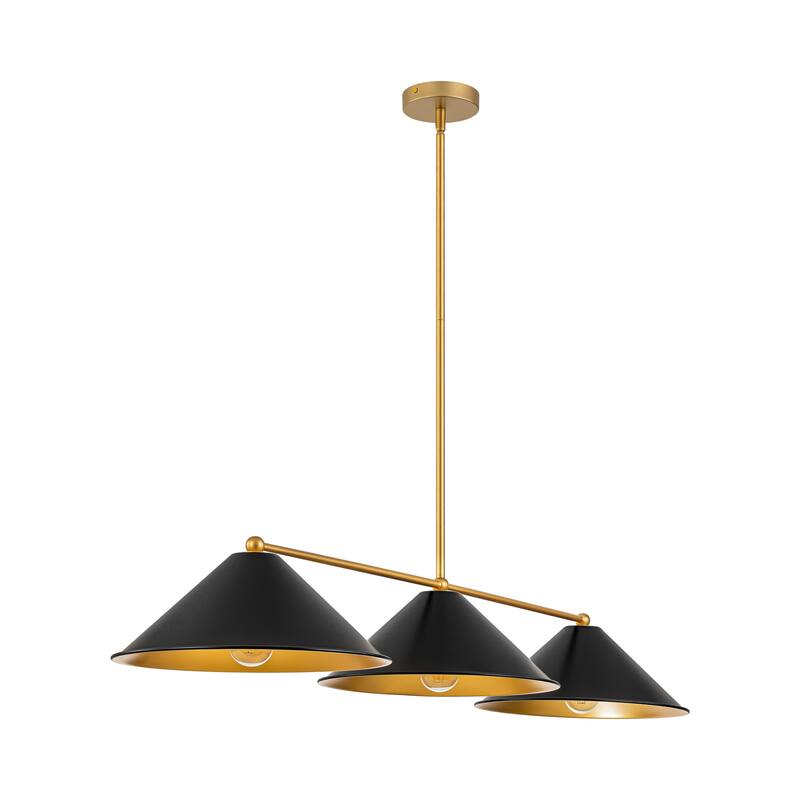 3-Light Modern Industrial Black& Gold Island Pendant Light Metal Cone Linear Chandeliers For Dining Room