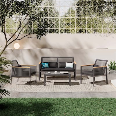 Patio Furniture Set - 4 Piece All Weather Wicker Patio Conversation Set Black Outdoor Sofa Set with Washable Cushions and Chairs
