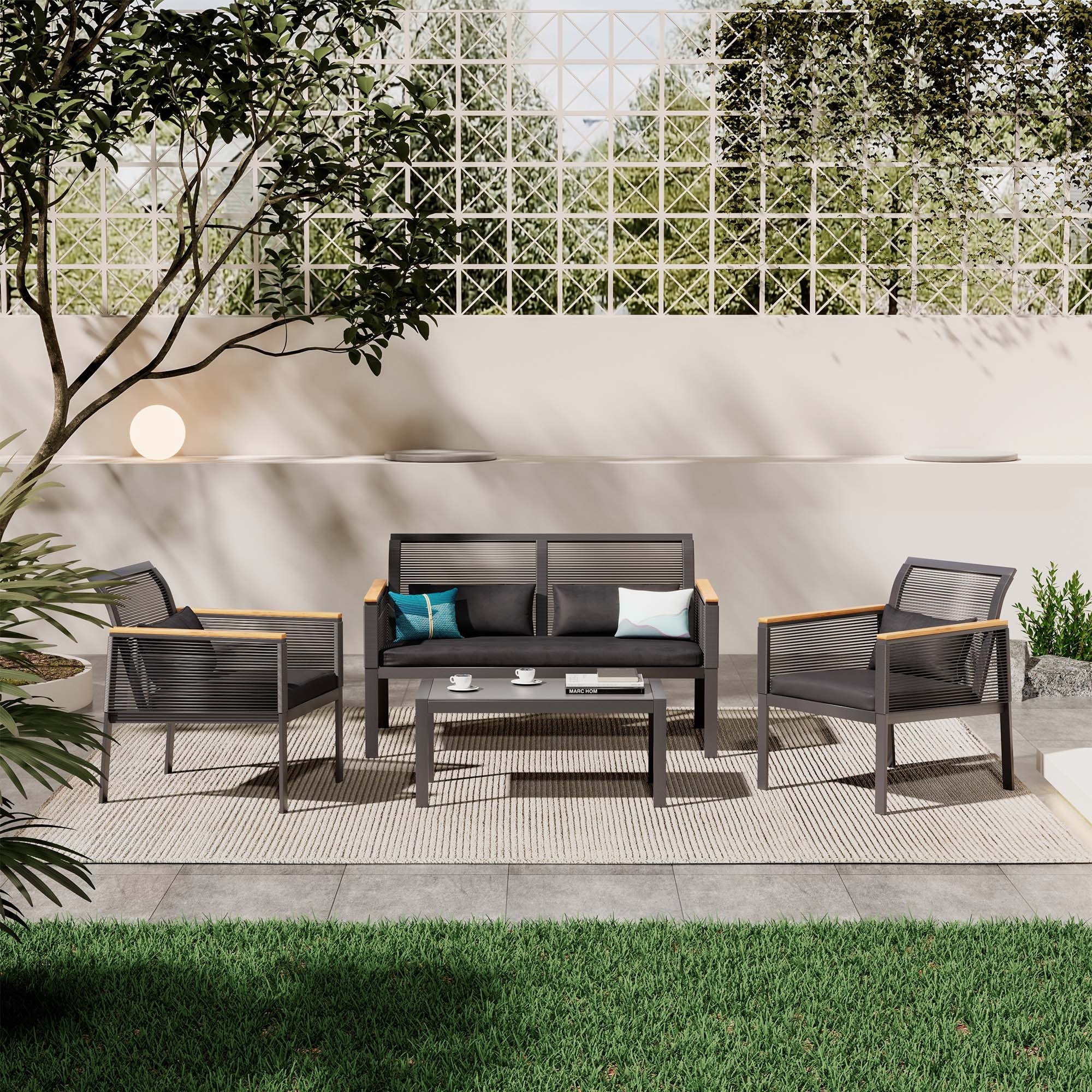 Patio Furniture Set - 4 Piece All Weather Wicker Patio Conversation Set Black Outdoor Sofa Set with Washable Cushions and Chairs