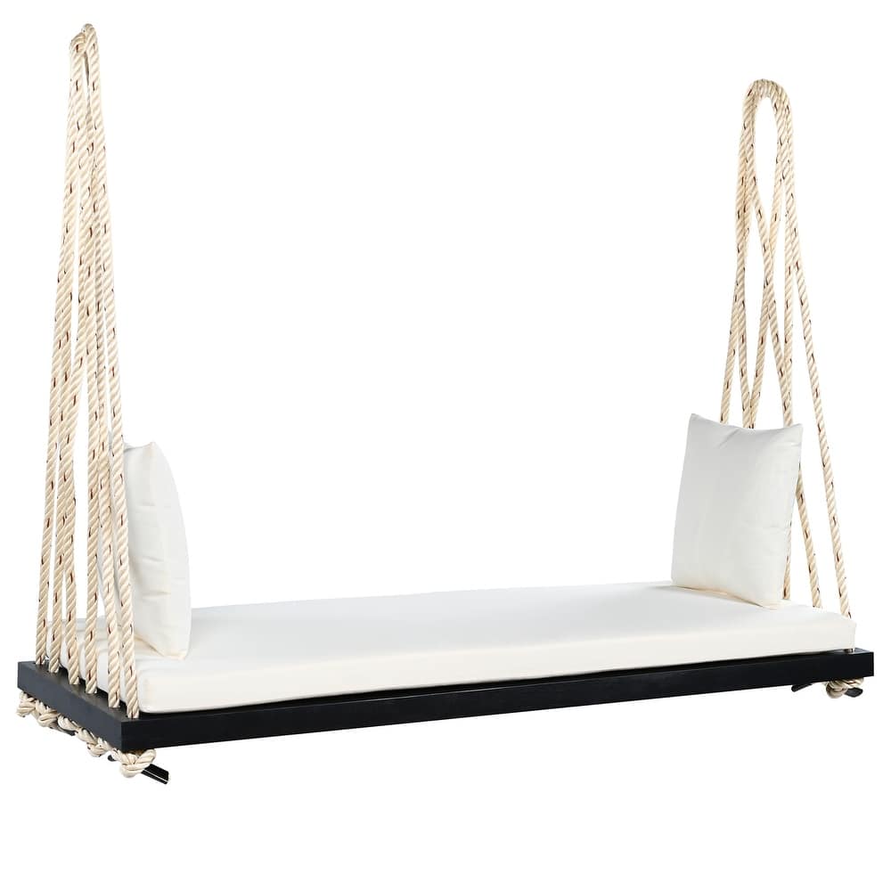 Patio Wooden Swing Chair, Hanging Porch Swing Bench with Cushion&Pillows, 10.8Ft Hemp Ropes for Garden,Backyard, Lawn