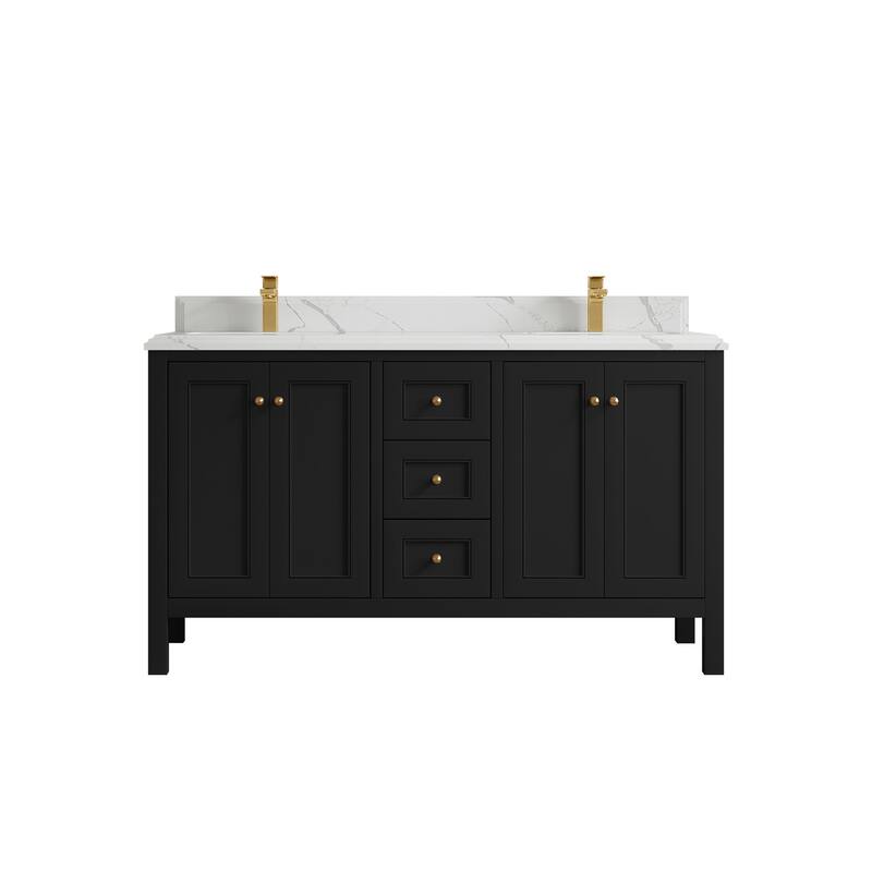 Willow Collections 60 in. W x 22 in. D Nashville Double Bowl Sink Bathroom Vanity with Countertop - 1.5”Calacatta Laza - Black