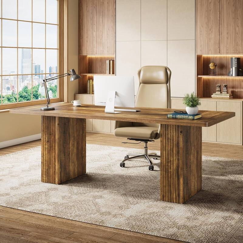 70.1-Inch Executive Desk, Large Computer Desk with Sturdy Fluted Pedestal, Office Table
