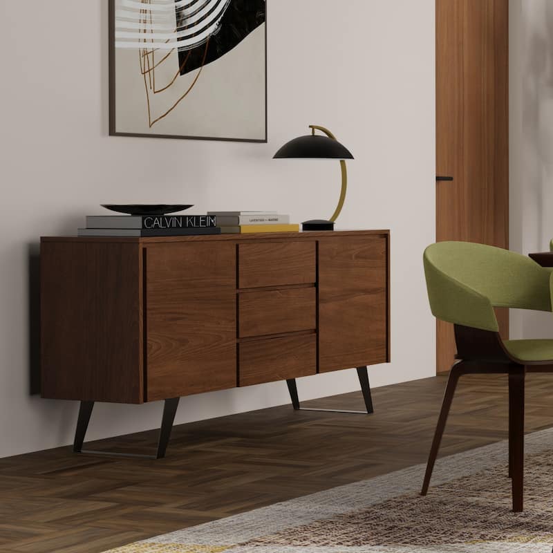 WYNDENHALL Mitchell Metal 60 inch Wide Rectangle Modern Industrial Sideboard Buffet in OAK WOOD - 60'' x 17'' x 30 - Walnut Veneer