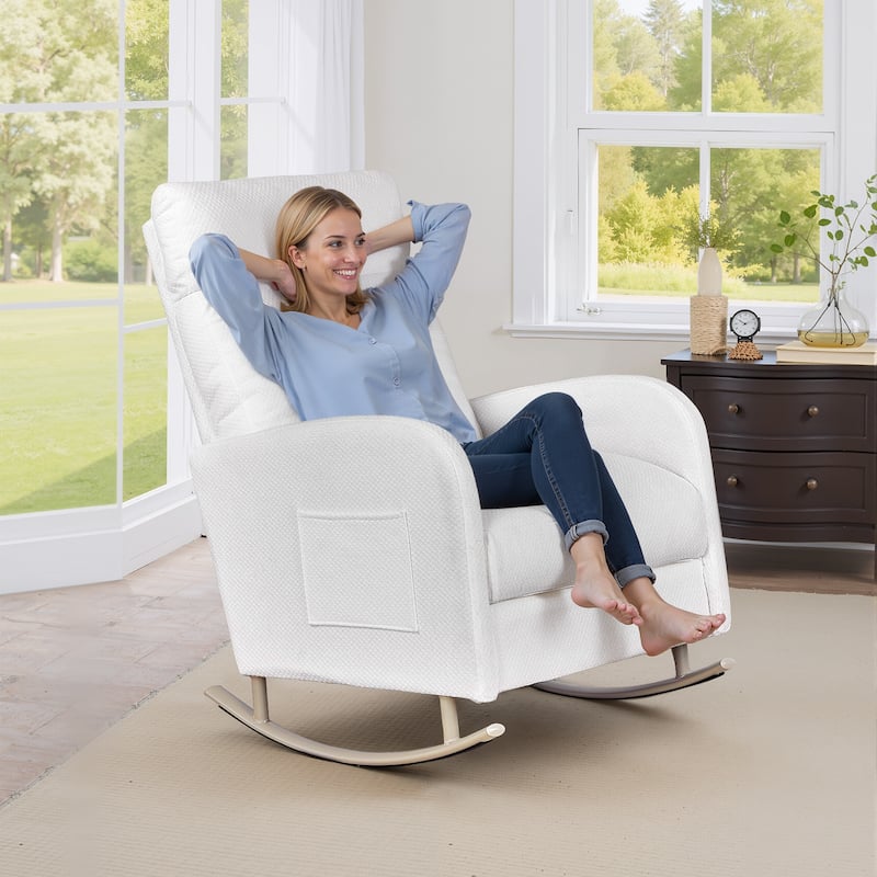 Chenille Nursery Armchair Rocking Chair Set of 1 with Metal Legs with Side Pocket for Living Room - White