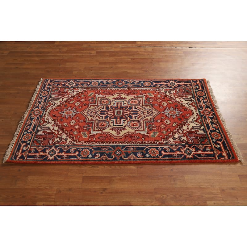 Hand Knotted Oriental 100% Wool Carpet Traditional Medallion Oranges & Rust Heriz (serapi) Area Rug - 5' 1'' X 3' 1''