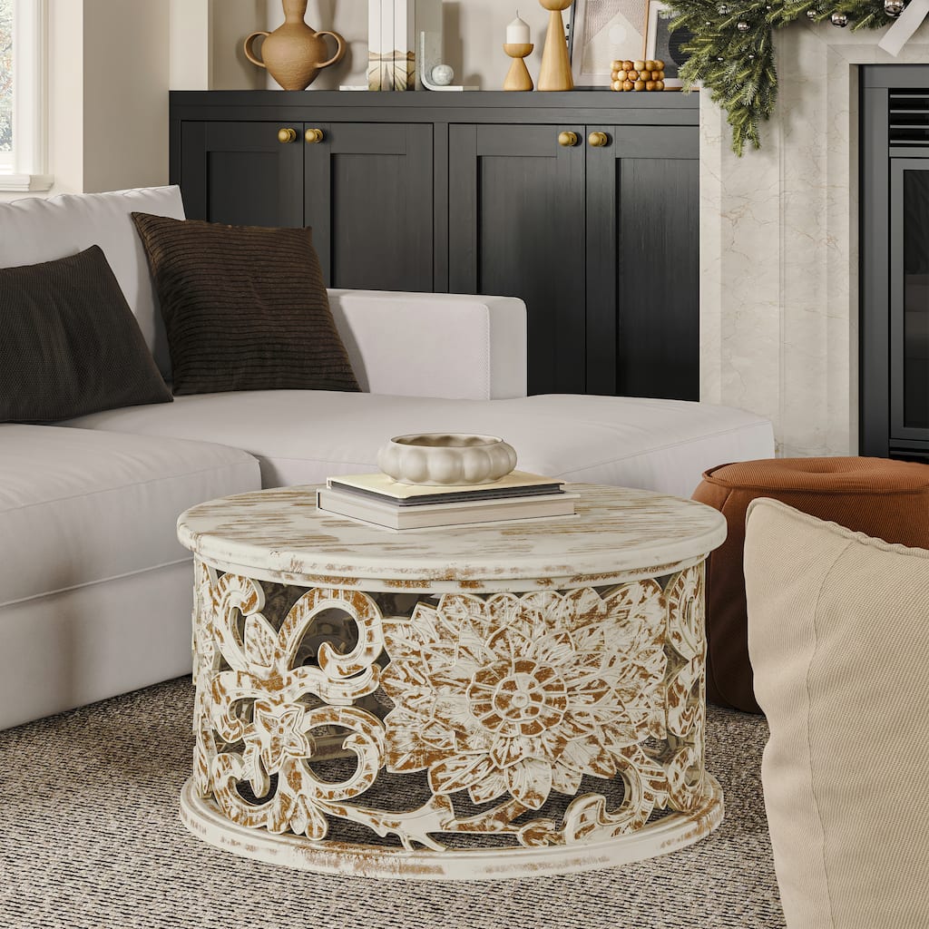 Alina Coffee Table Handcrafted Mango Wood Floral Carved Cut Out Design Distressed White Finish 33 Inch