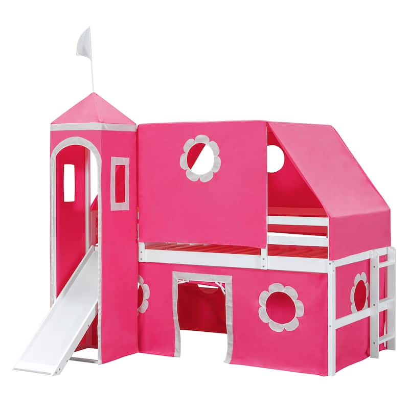 Loft Bed with Slide, Pink Tent, and Tower Playhouse Design for Kids