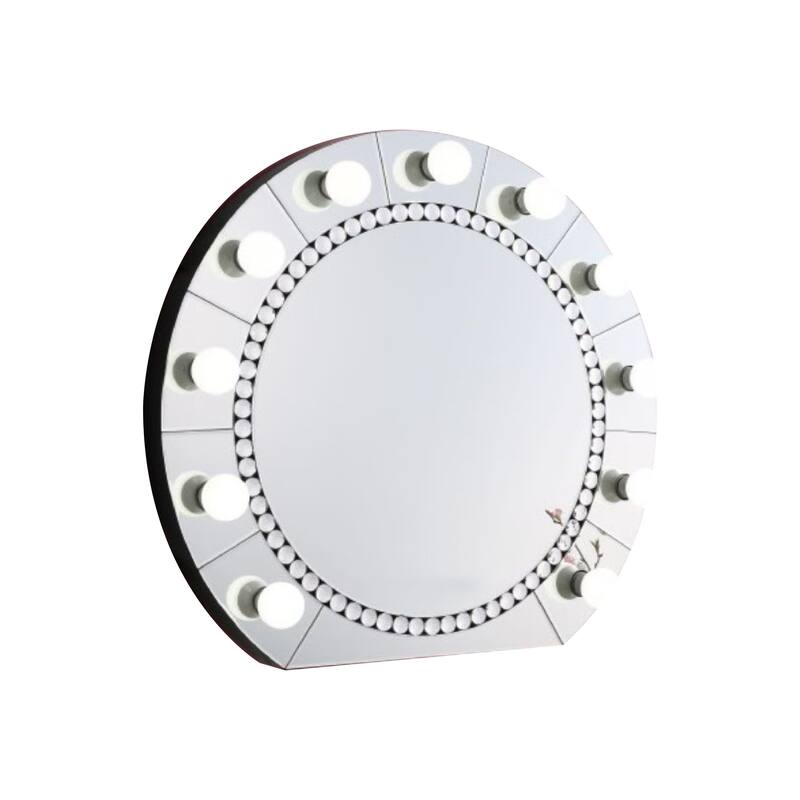 Rose 32 Inch Round Lighted Mirror, 11 Bulb Sockets, Faux Diamonds, Silver