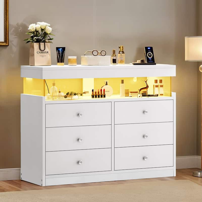 Modern 6 Drawer Dressers Drawers with LED Lights & Charging Station - White - 6-drawer
