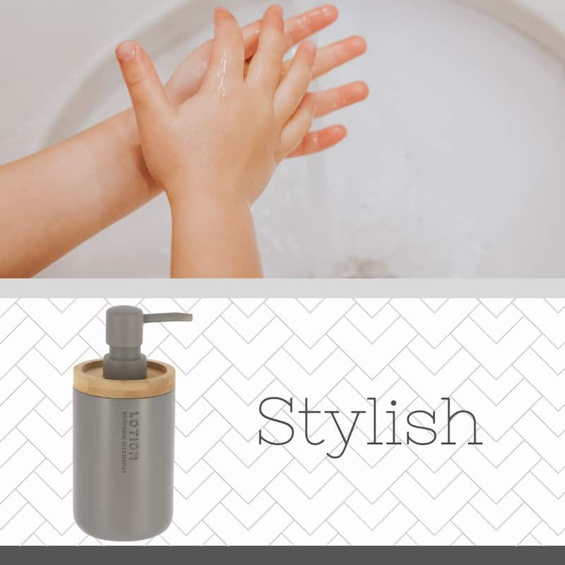Elegant Soap Dispenser - Polyresin and Bamboo Design, Refillable Liquid Pump - 3 L x 3 W X 7 h