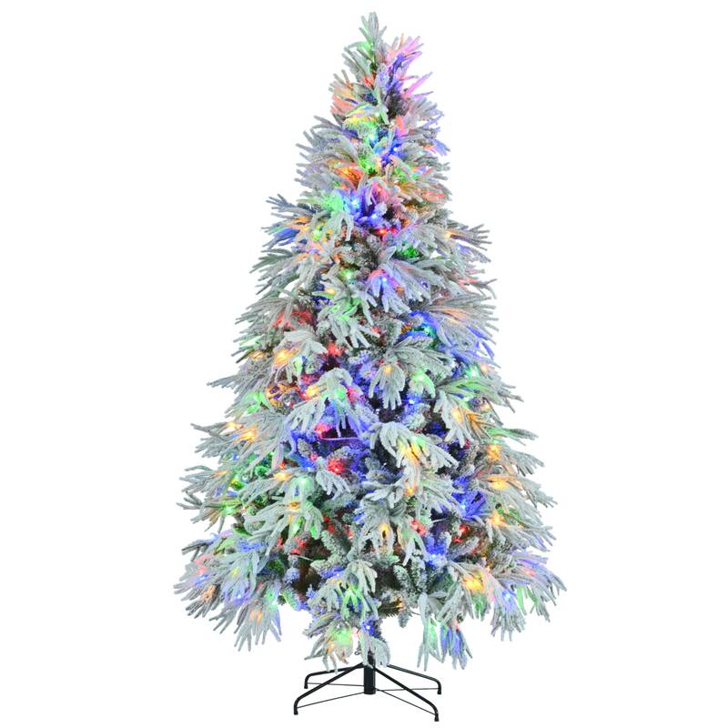 7.5ft Pre-Lit Spruce Snow Flocked Artificial Hinged Christmas Tree with 350 Multi-Color LED Lights & 1389 Snow Branch Tips
