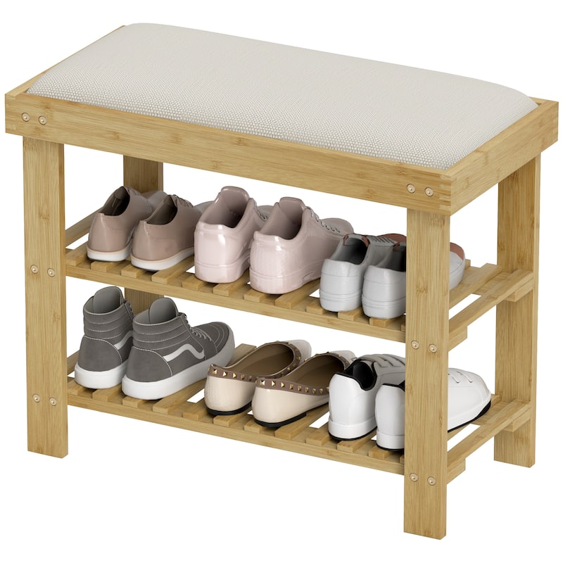 Wicker Two-Tier Storage Shoe Bench with Linen Cushion and Entryway Seating for Home and Hallway - 23.6" W x 11.4" D x 19.3" H - Natural-CreamWhite