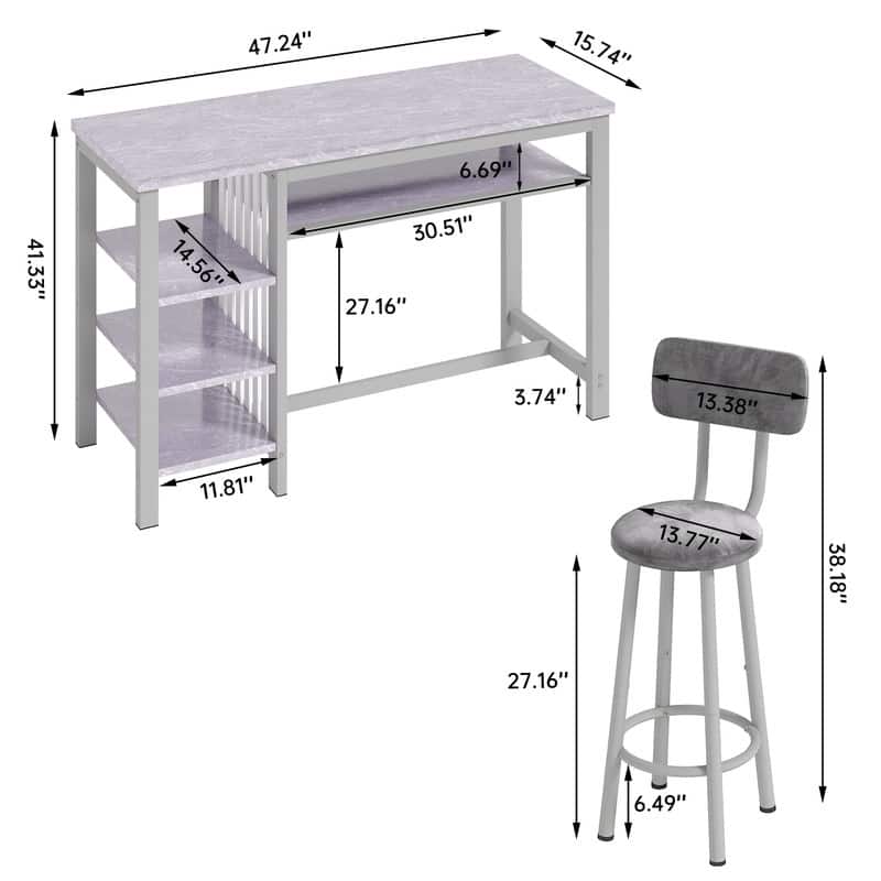 3-Piece Dining Room Table Set with 2 Upholstered Bar Stools, Modern Farmhouse Bar Table Set for 2 with Multiple Tier Shelves
