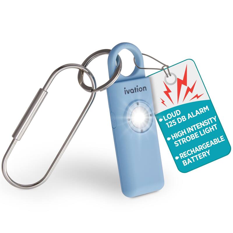 Ivation Personal SOS Keychain Alarm, 130 dB Rechargeable Personal Alarm w/LED Strobe Light - Blue