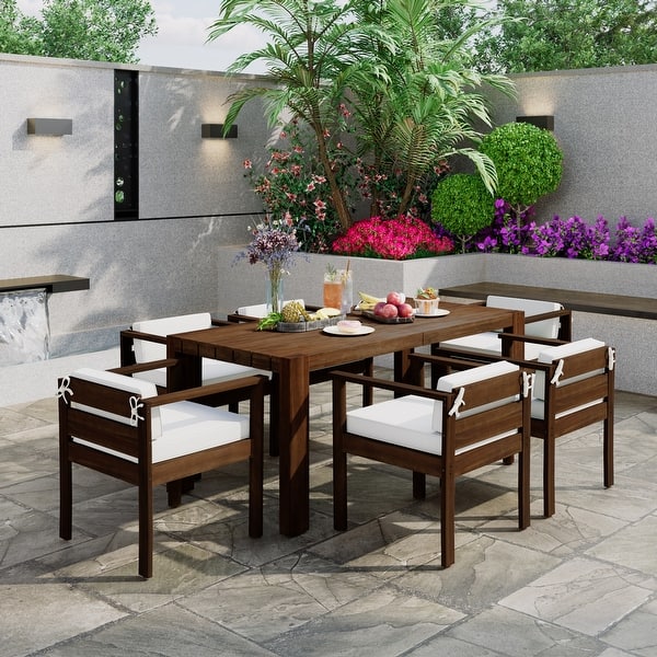 bed bath and beyond patio dining set with umbrellas 7-Piece Acacia Wood Patio Dining Set with Umbrella Hole & Low Back  Cushioned Chairs - Bed Bath & Beyond