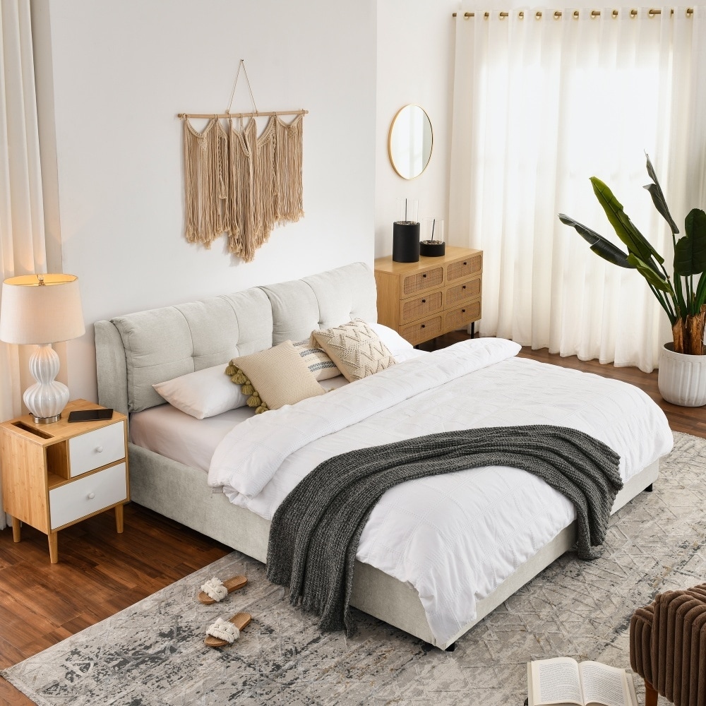 Modern King Size Chenille Storage Platform Bed with Upholstered Headboard
