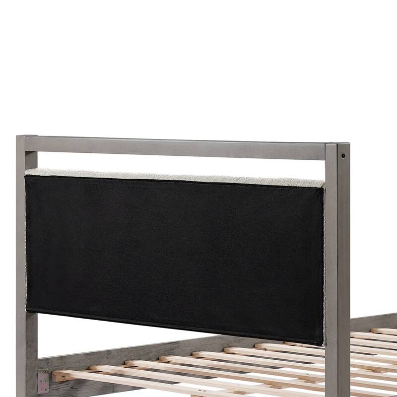 Roomfitters Wood Platform Bed Frame with Ivory Boucle Fabric Headboard and Underbed Storage, Grey and Ivory