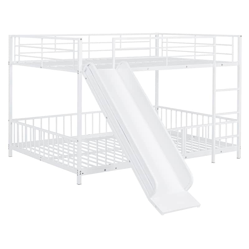 White Full over Full Size Metal Bunk Bed with Slide and Guardrails for Kids, Boys and Girls, Bedroom