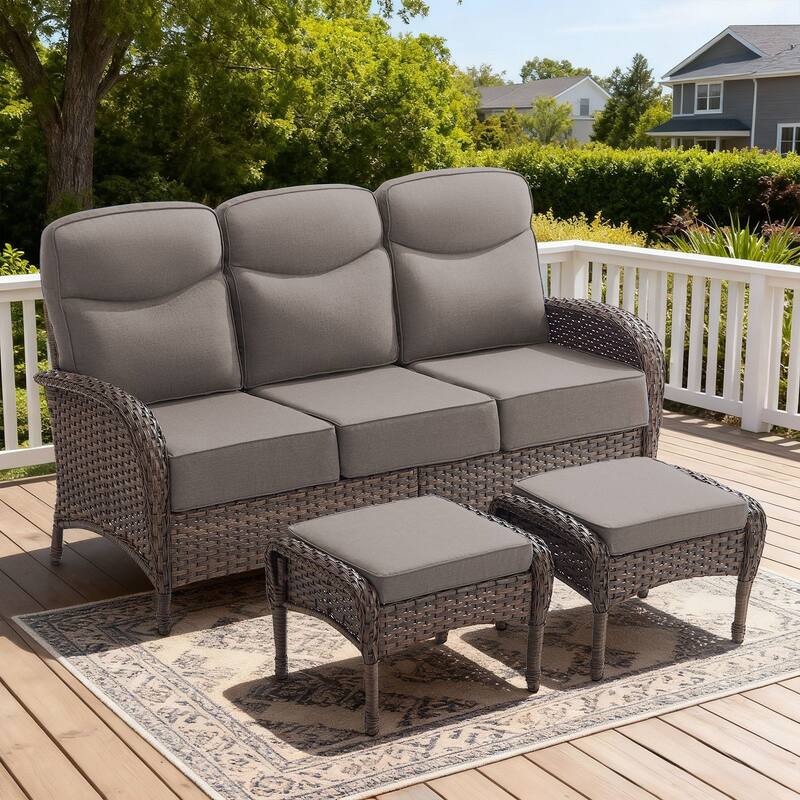 Luna 3-Seat Wicker Patio Sofa with 6-Inch Thick Cushions and 2 Ottomans - Gray Cushions - Brown Wicker