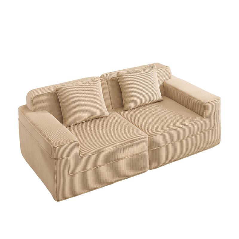 Modular 2-Seat Boneless Sofa, Modern Sectional Couch with Deep Seats, Wide Armrests, Corduroy Loveseat with Throw Pillows