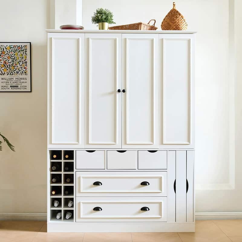 Farmhouse 71''H Kitchen Pantry Storage Cabinet with 4 Foldable Doors,Power Outlet, Shelves, Wine Racks and Serving Trays