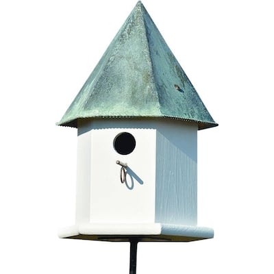 White-Green PVC Copper Octagonal Birdhouse with Perch and Post Mount - 10" dia. x 16.25"H
