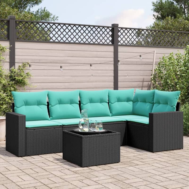 vidaXL Patio Sofa Set with Cushions Outdoor Conversation Furniture Poly Rattan - 25.8" x 24.4" x 27.2" - Black and blue with table