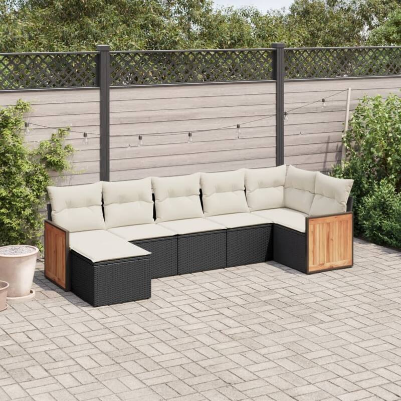 vidaXL Patio Sofa Set with Cushions Outdoor Conversation Furniture Poly Rattan - Black and Cream - 21.7 x 21.7 x 14.6