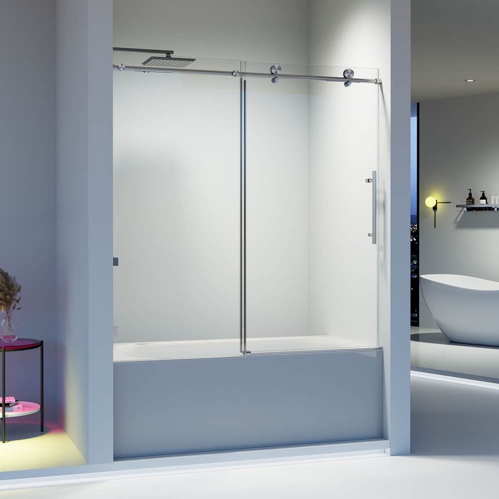 56-60" W x 60" H Frameless Single Sliding Shower Door, 8mm Tempered Glass Soft-Close Bathroom Enclosure - 60x60"