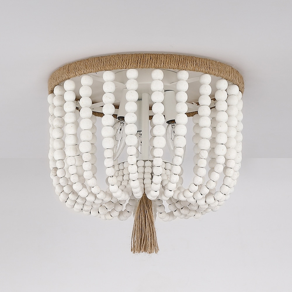 3 Light Bohemia Antique White Wood Beaded Flush Mount Ceiling