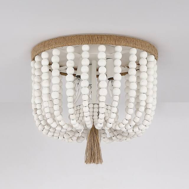 3-Light Bohemia Antique White Wood Beaded Flush Mount Ceiling Light with Brown Rope Tassel - 12.6 in. W