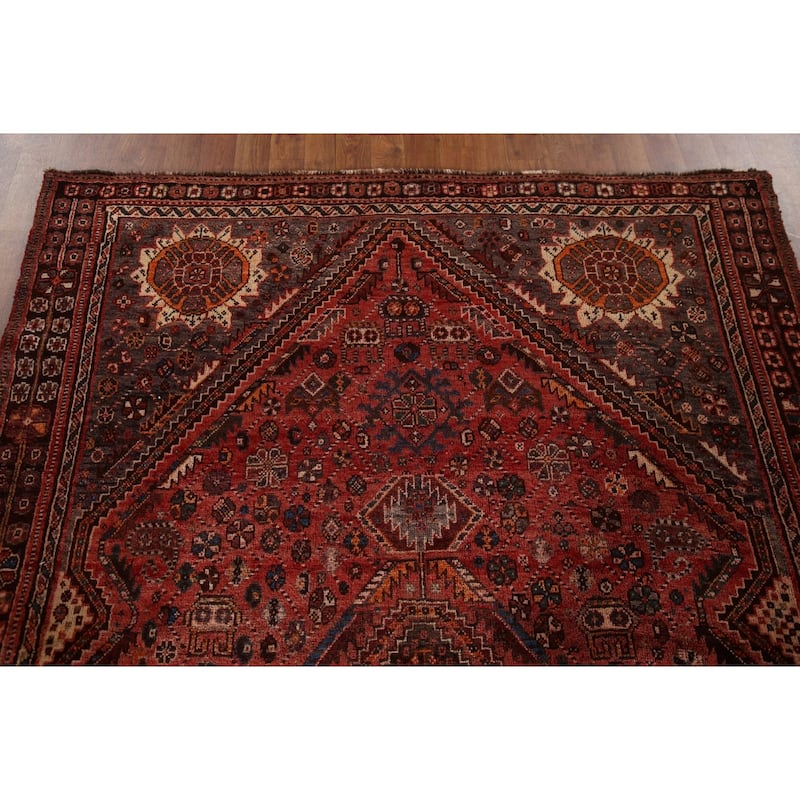 Tribal Qashqai Persian Vintage Area Rug Hand-Knotted Wool Carpet - 5'4"x 8'8"