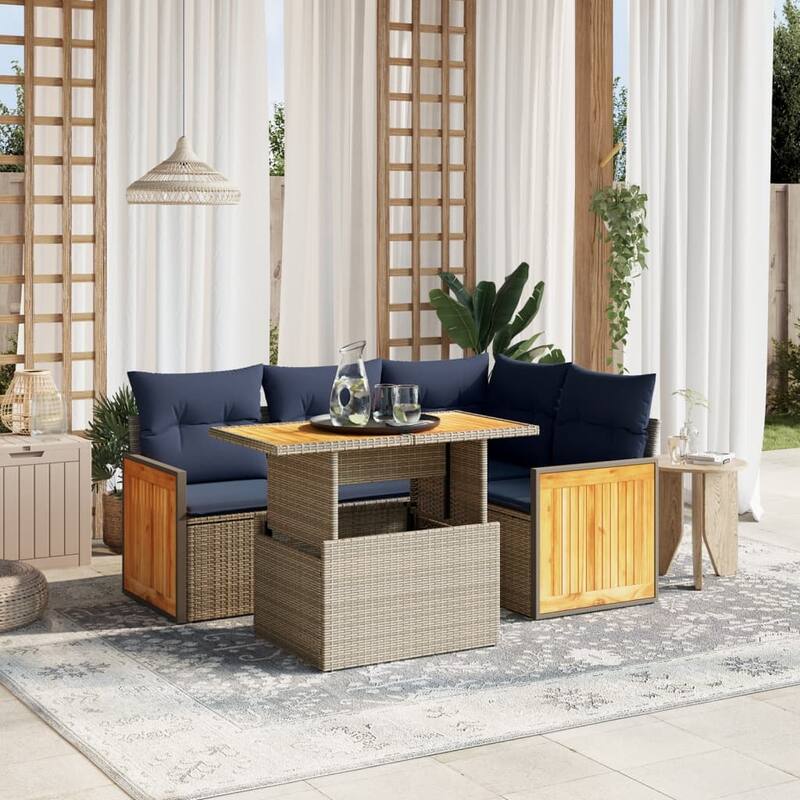 vidaXL Patio Sofa Set with Cushions Outdoor Furniture 5 Piece Poly Rattan - 21.7 x 24.4 x 27.2 - Grey