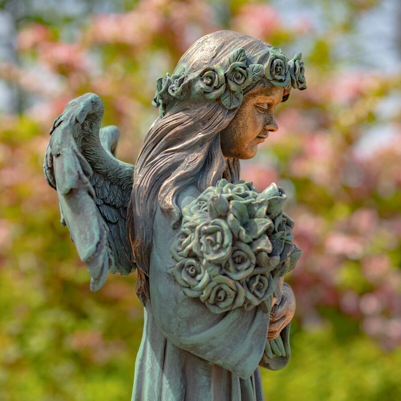 39" Tall Magensium Angel Statue Holding Bouquet in Antique Bronze