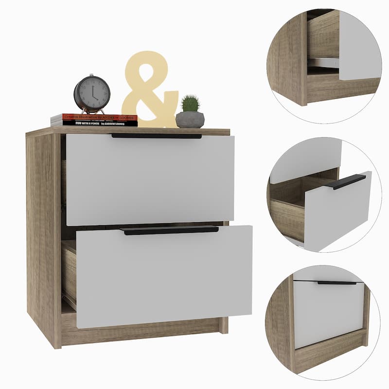 Nightstand with Two Drawers, Metal Handle