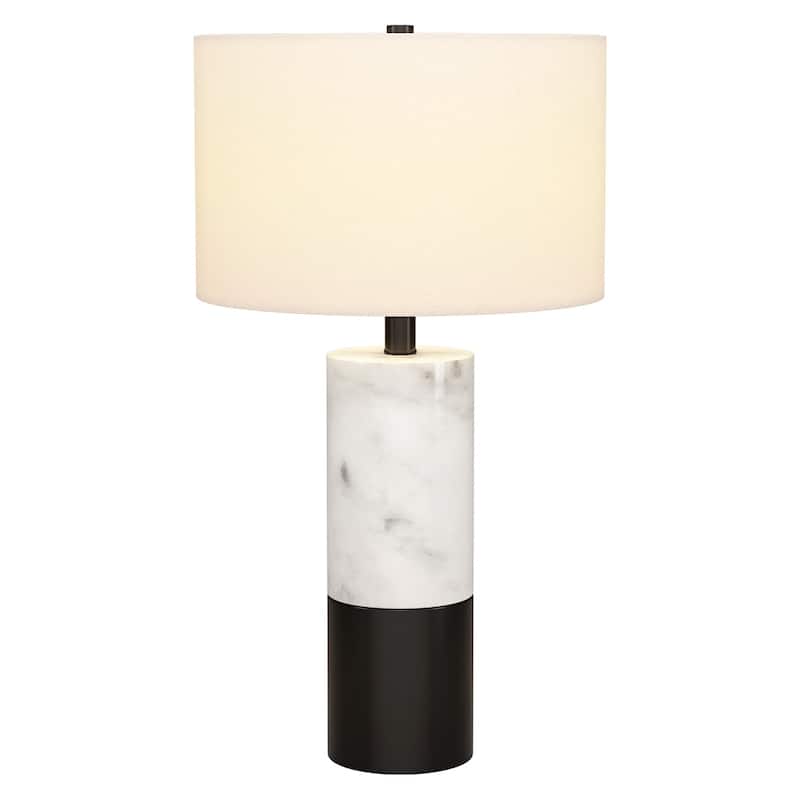 Stylish Black and White Marble Cylinder Table Lamp with Drum Shade - 13" x 13" x 23.75"