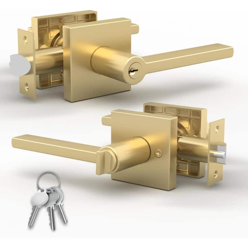 Mega Handles PRIME Entry Door Lever Handle Set – Reversible Square Door Lock for Left- or Right-Handed Doors, Heavy-Duty Design - Satin Brass