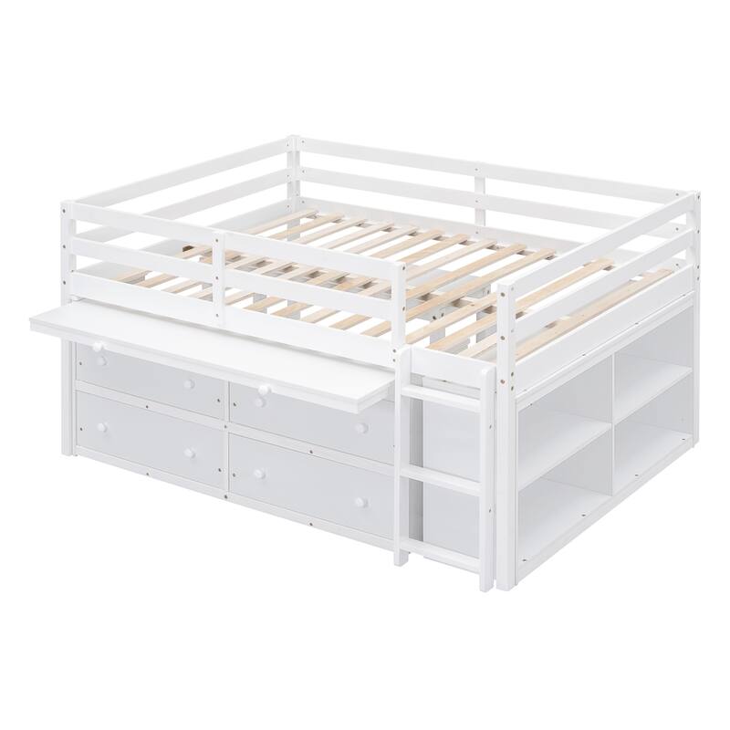 Twin/Full Size Low Loft Bed with Retractable Writing Desk and 4 Drawers, Wooden Loft Bed Frame w/ Lateral Portable Desk & Ladder