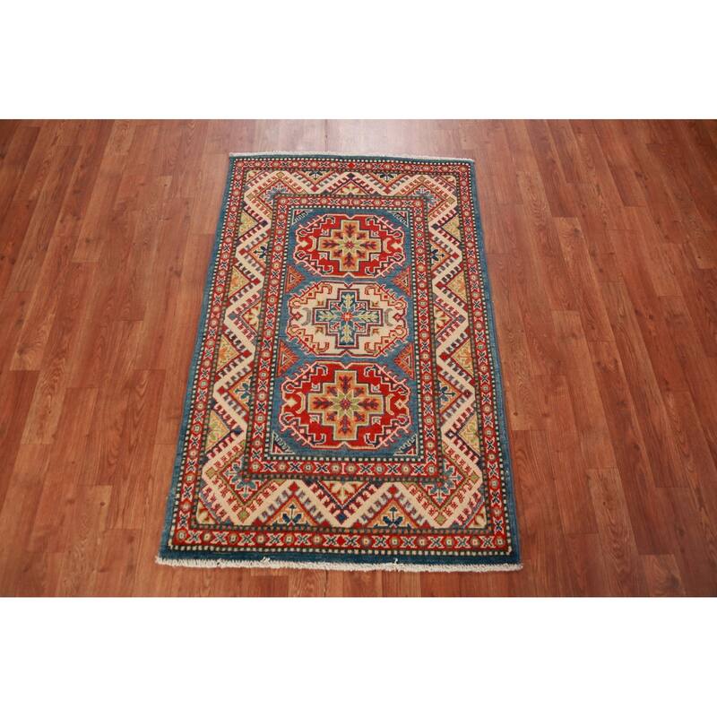 Blue Kazak Foyer Rug Hand-Knotted Traditional Wool Carpet - 2'8"x 4'1"