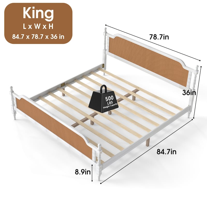 Wooden Platform Bed Bed Frame w/Hand-Woven Rattan Headboard & Footboard, Boho and Mid Century Style Bed Frame, Solid Pine Wood