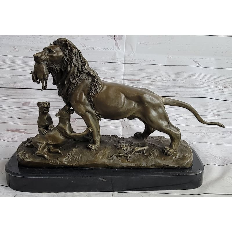 Signed Barye Male Lion With Cubs Bronze Figurine Sculpture Statue Animal Art