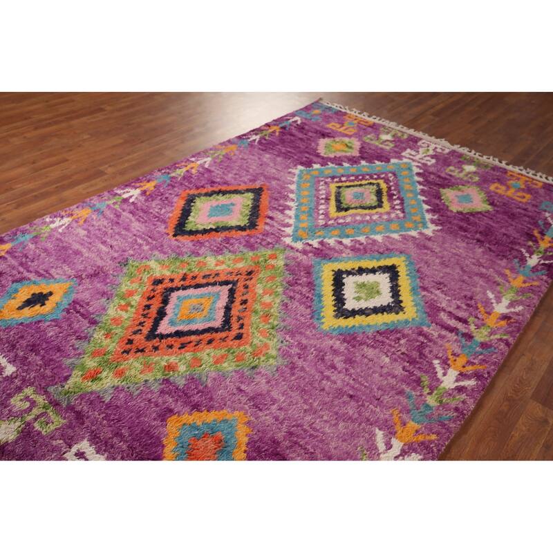 Purple Geometric Plush Moroccan Area Rug Hand-Knotted Wool Carpet - 6'0" x 9'7"