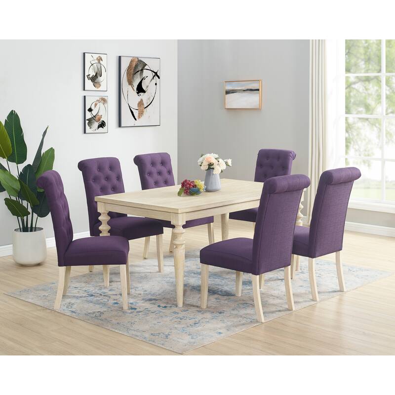 Purple 7-Piece Dining Set with Rectangular Dining Table for Kitchen, Button Tufted Upholstered Dining Chairs