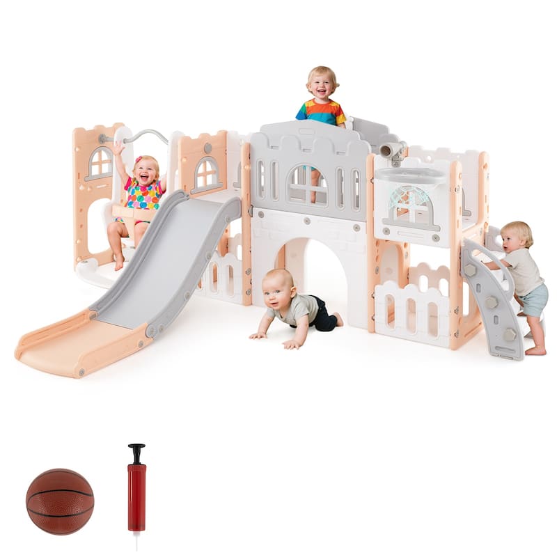 9 in 1 Toddler Slide and Swing Set with Climber Basketball Hoop Tunnel and Storage Indoor Outdoor Playset for Kids