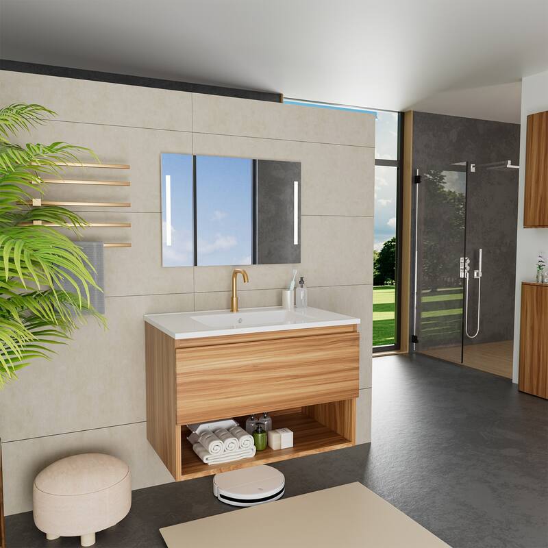 30" Floating Bathroom Vanity with Ceramic Sink - Wall Mounted Fluted Cabinet in Walnut with Drawers, Modern Design