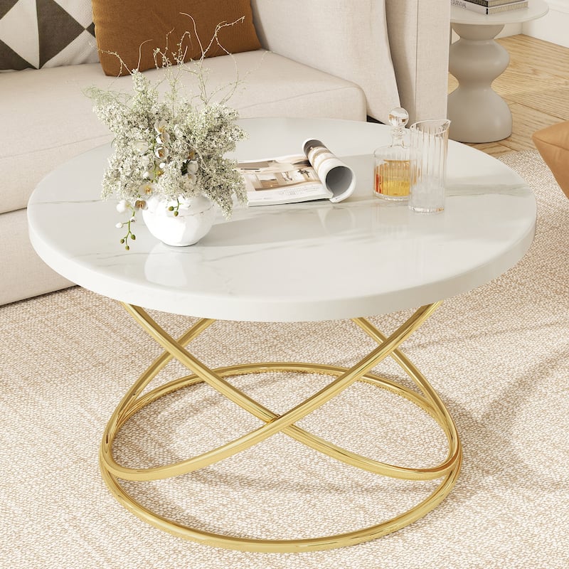 Tempered Glass Top Round Coffee Table with Metal Base - Wood-Gold Leg