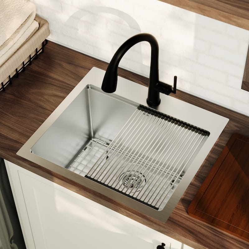 Karran Elite WST-22-PK1 Top Mount 25" Single Bowl Stainless Steel Workstation Kitchen Sink with Deeper Bowl