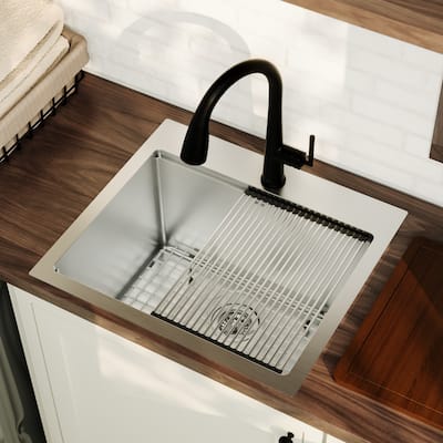 Karran Elite WST-22-PK1 Top Mount 25" Single Bowl Stainless Steel Workstation Kitchen Sink with Deeper Bowl