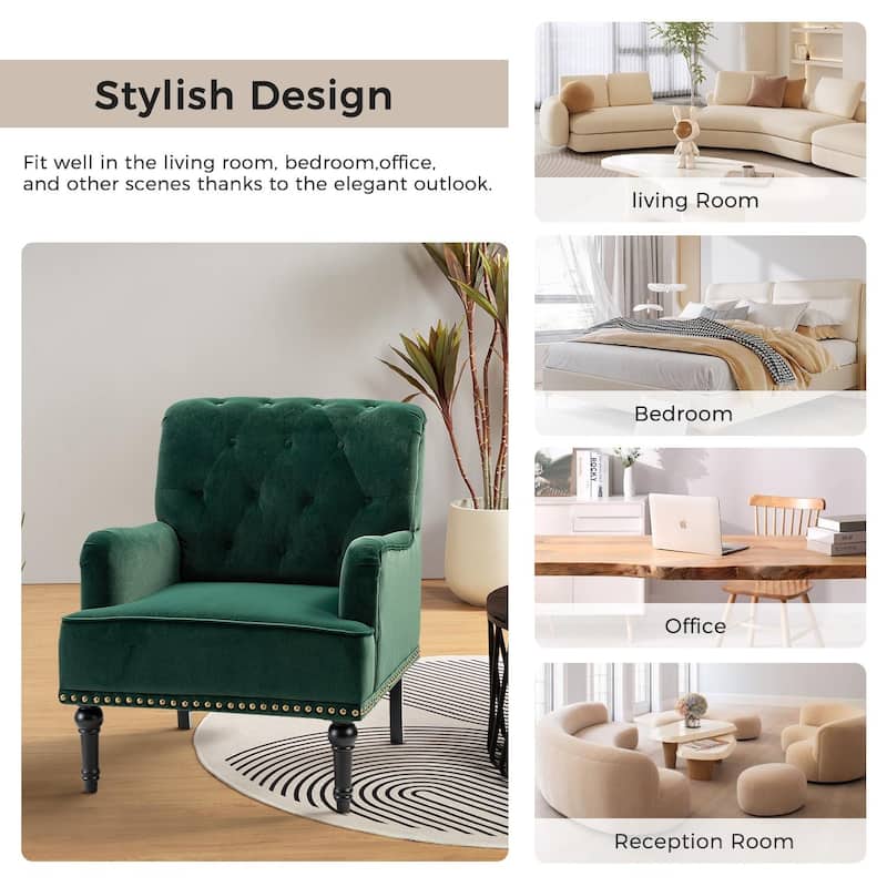 Geltrude Transitional Upholstered Button Tufted Club Chair with turned wooden Legs by HULALA HOME